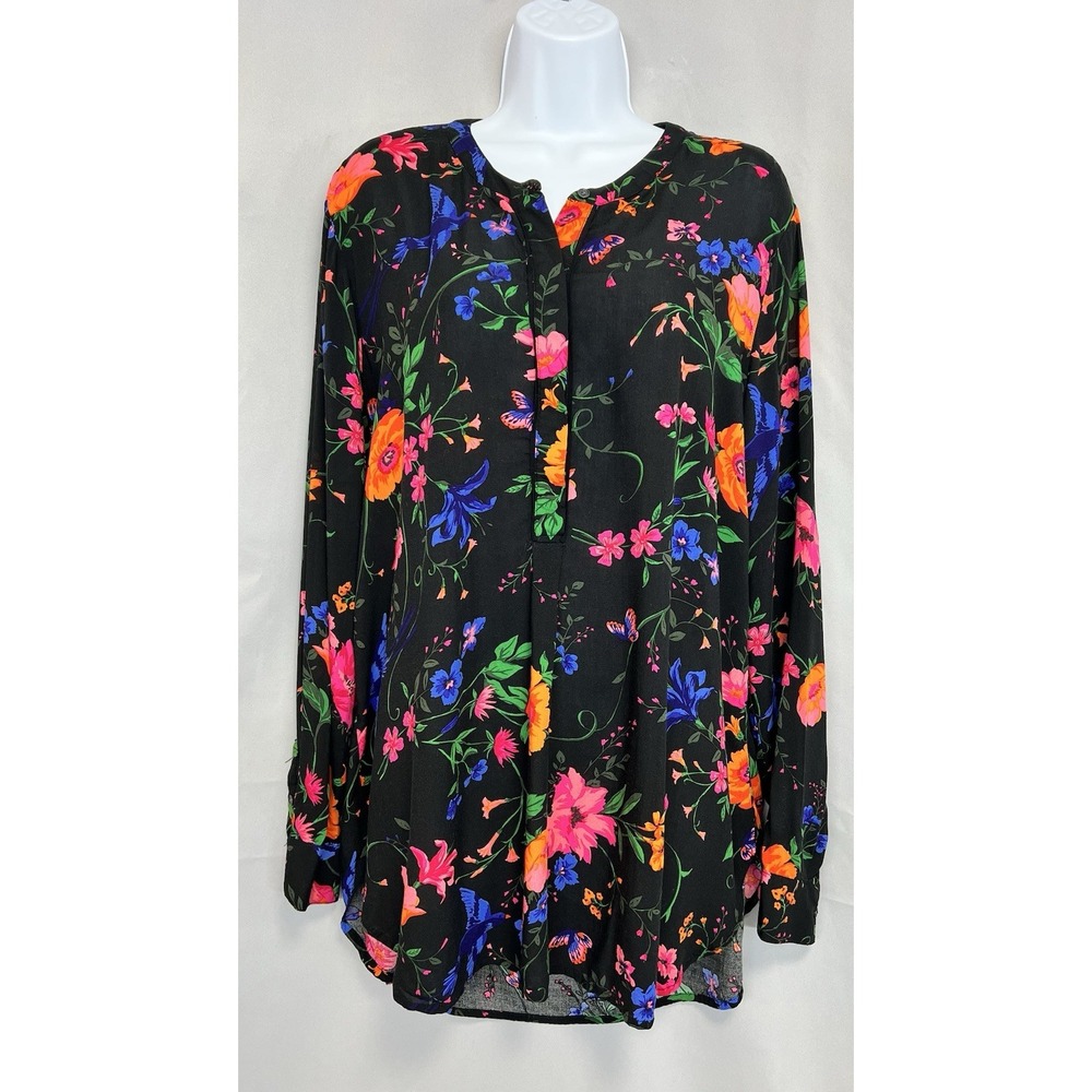 Old Navy The Tunic Shirt Blouse Womens Sz XL Black Floral Long Sleeve Soft Rayon